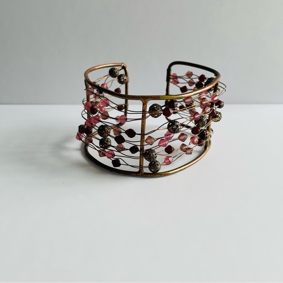 Wire Cuff Bracelet with Pink and Brown Beads - Picture 5 of 16